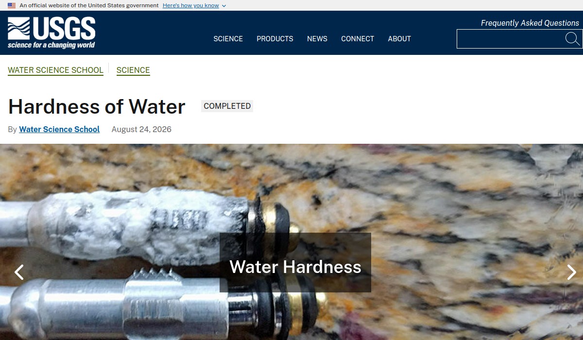 Screenshot of Hardness of Water on usgs.gov