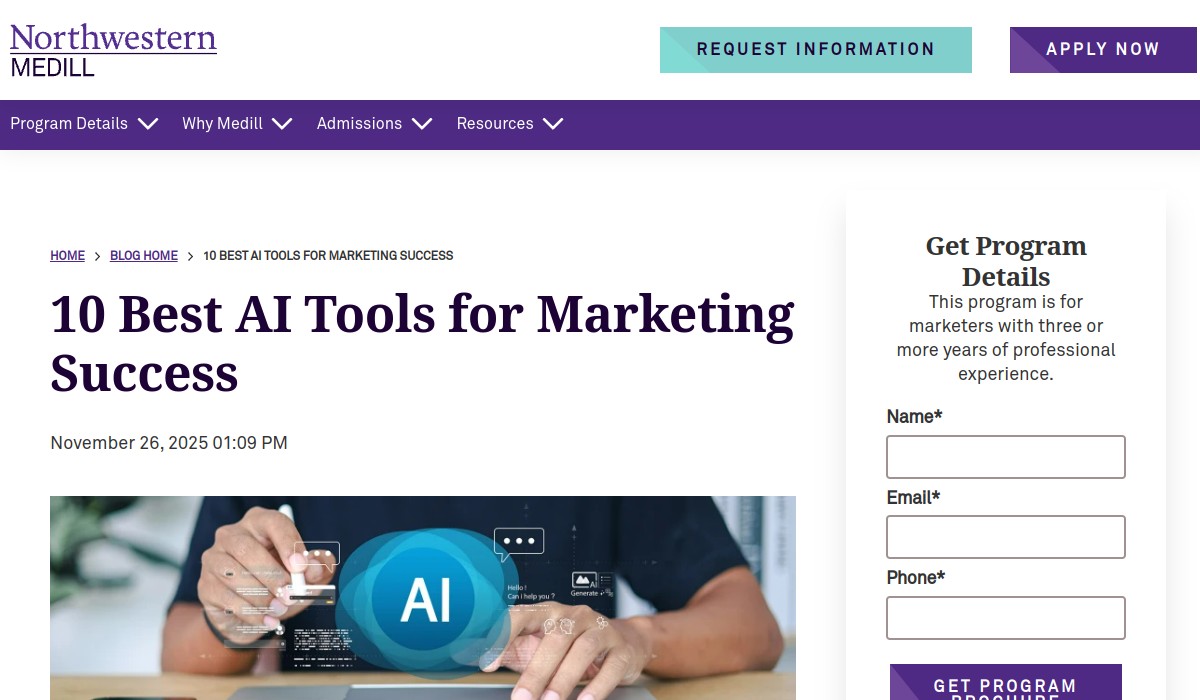 Screenshot of 10 Best AI Tools for Marketing Success on imcprofessional.medill.northwestern.edu