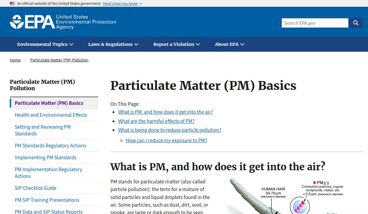 Screenshot of Particulate Matter (PM) Basics on epa.gov
