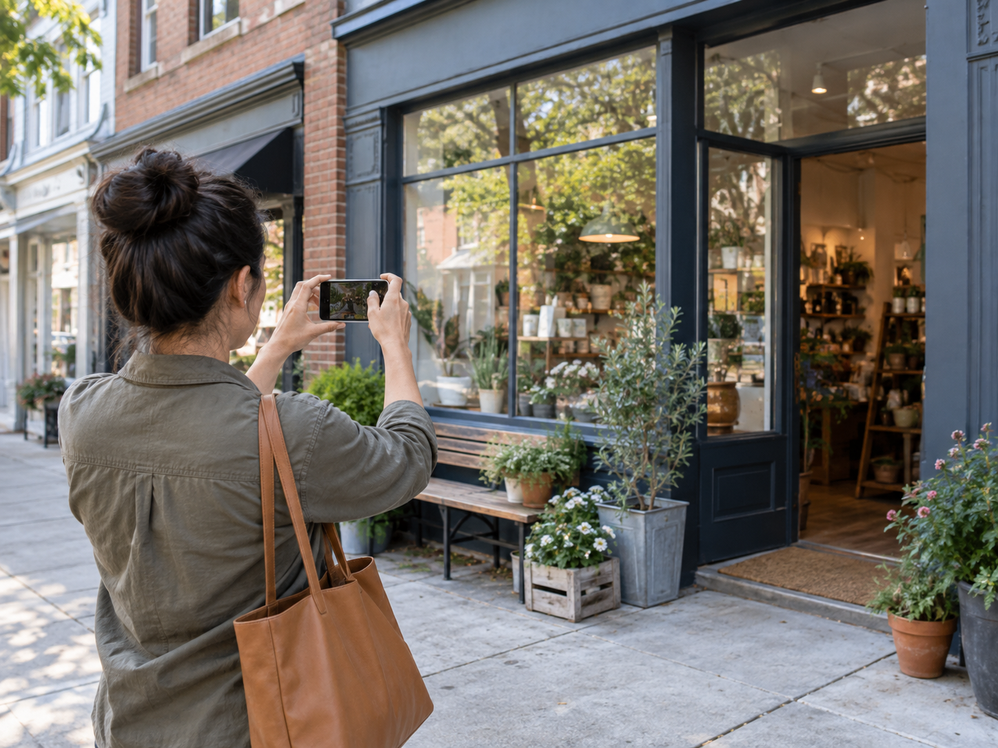 A local business owner photographing a storefront for a business profile