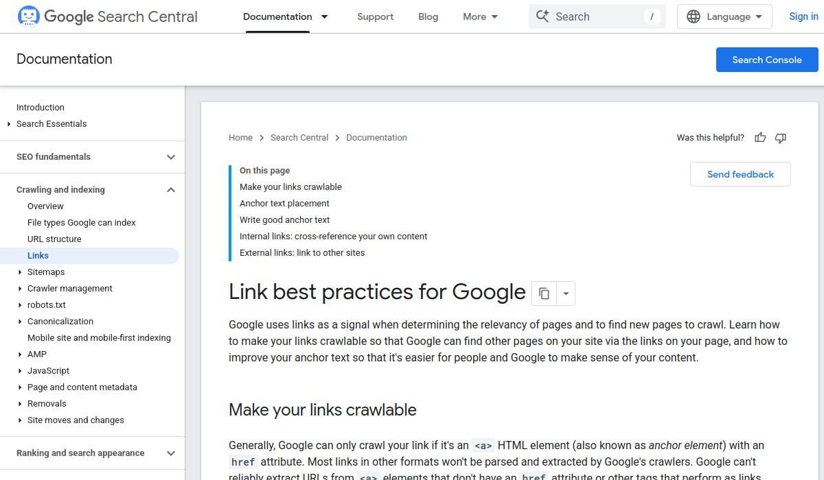 Screenshot of Link best practices for Google on developers.google.com