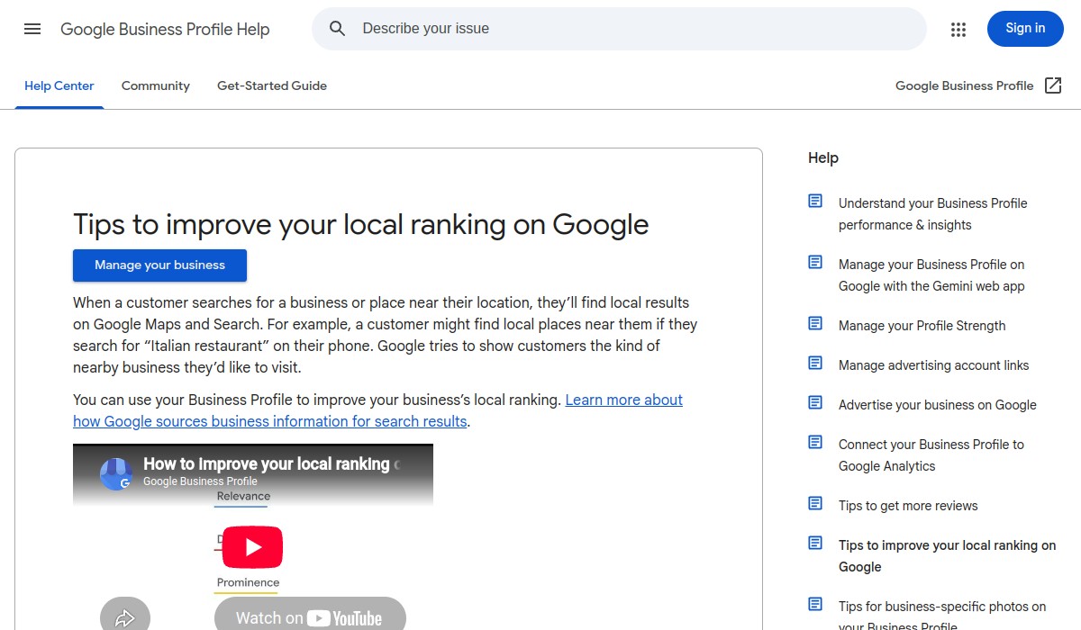 Screenshot of Tips to improve your local ranking on Google on support.google.com