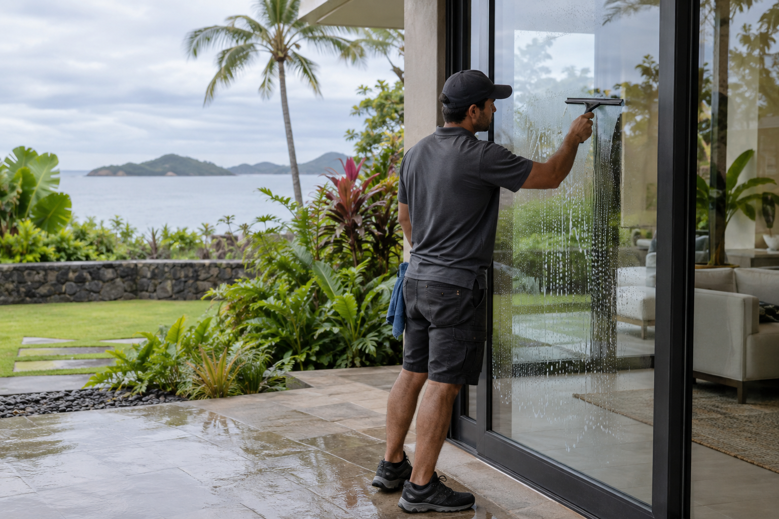 Professional cleaning a residential window for How to Prepare a Coastal Home for Professional Window Cleaning