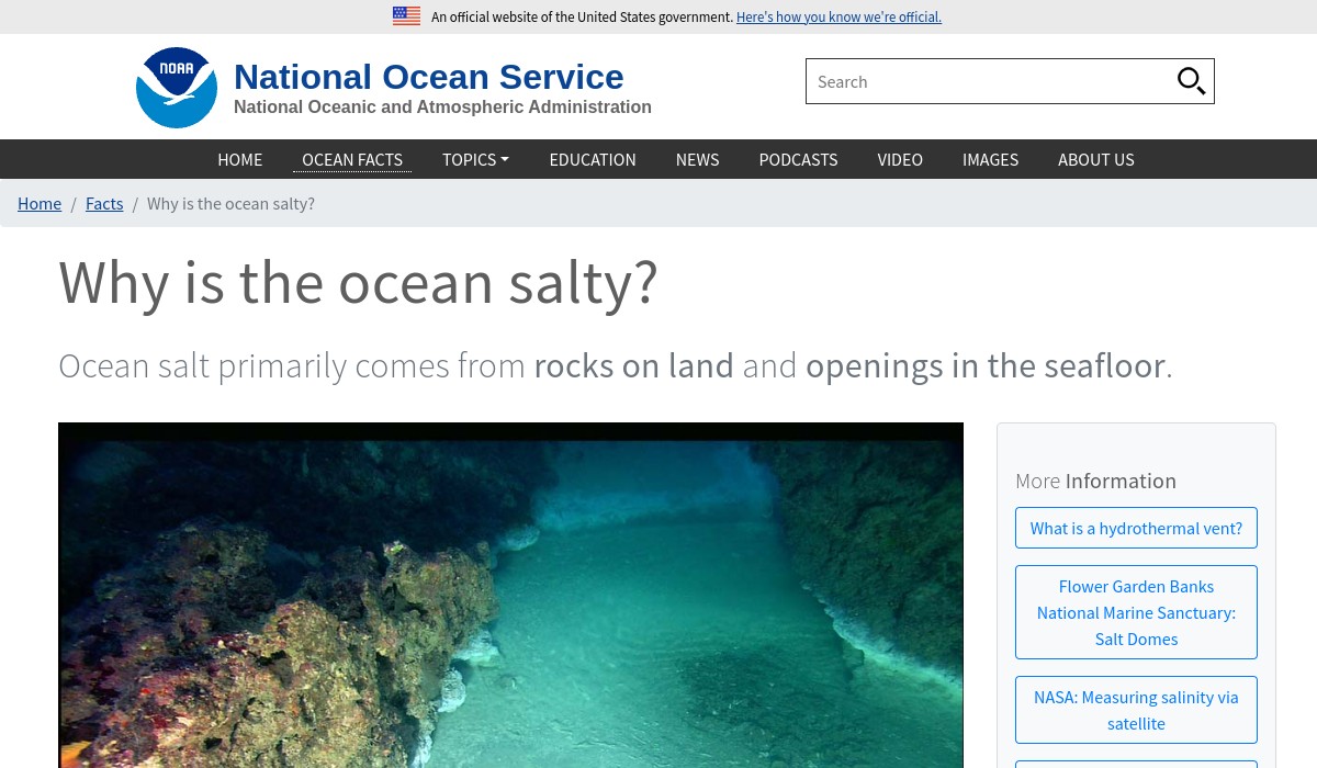 Screenshot of Why is the ocean salty? on oceanservice.noaa.gov