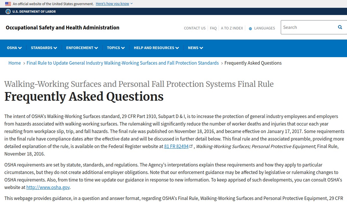 Screenshot of Walking-Working Surfaces and Personal Fall Protection Systems FAQ on osha.gov