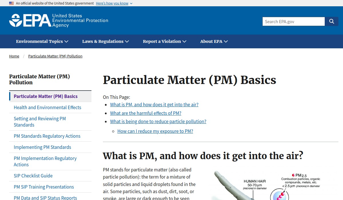 Screenshot of Particulate Matter (PM) Basics on epa.gov